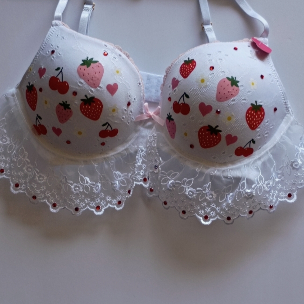 Strawberry and Cherry Print Lace Trim Bra